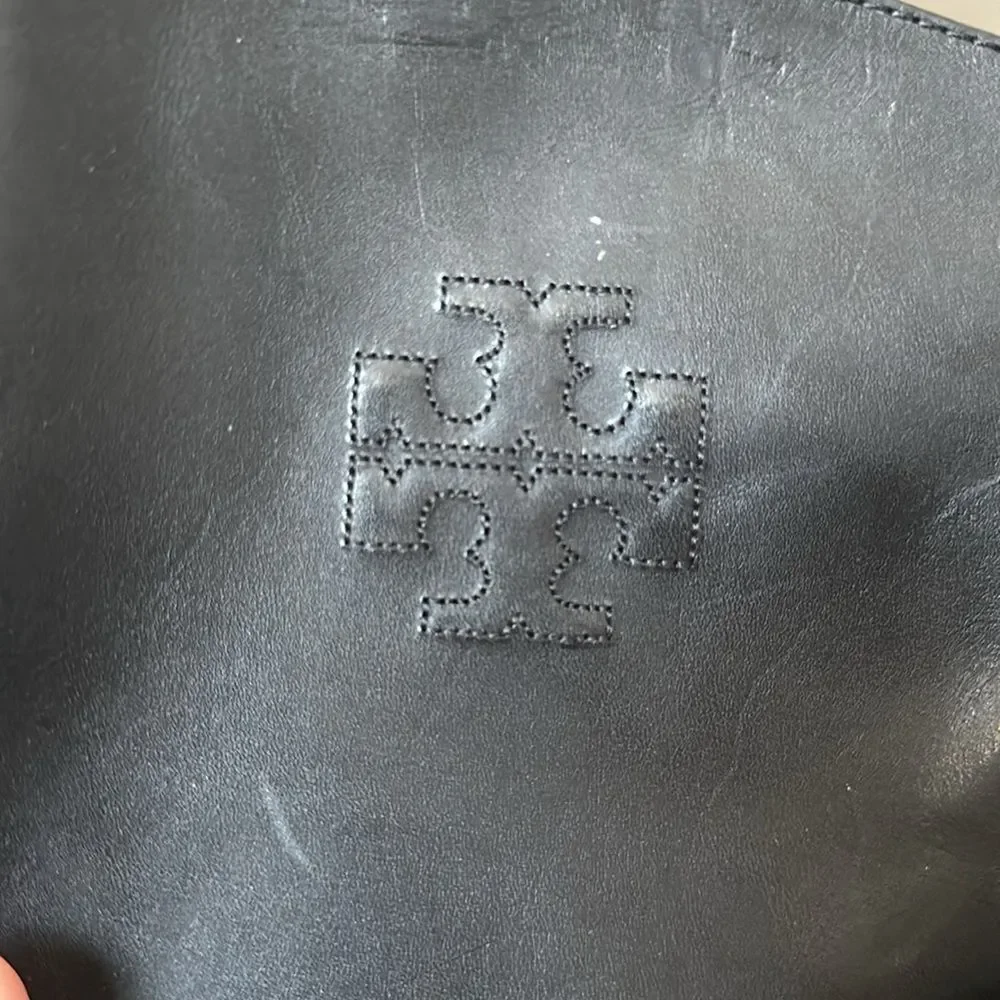 Tory Burch | Tory Burch Logo Embossed Riding Boots in Black | 6.5 M